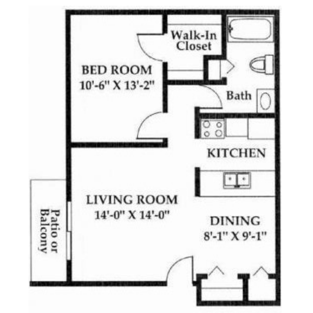 Floor plan for 1 bed, 1 bath, 660 sqft